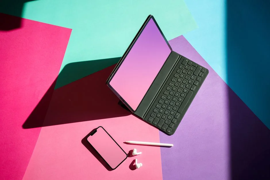 A sleek computer display showing web design projects, highlighting creative imagery in a work setting.